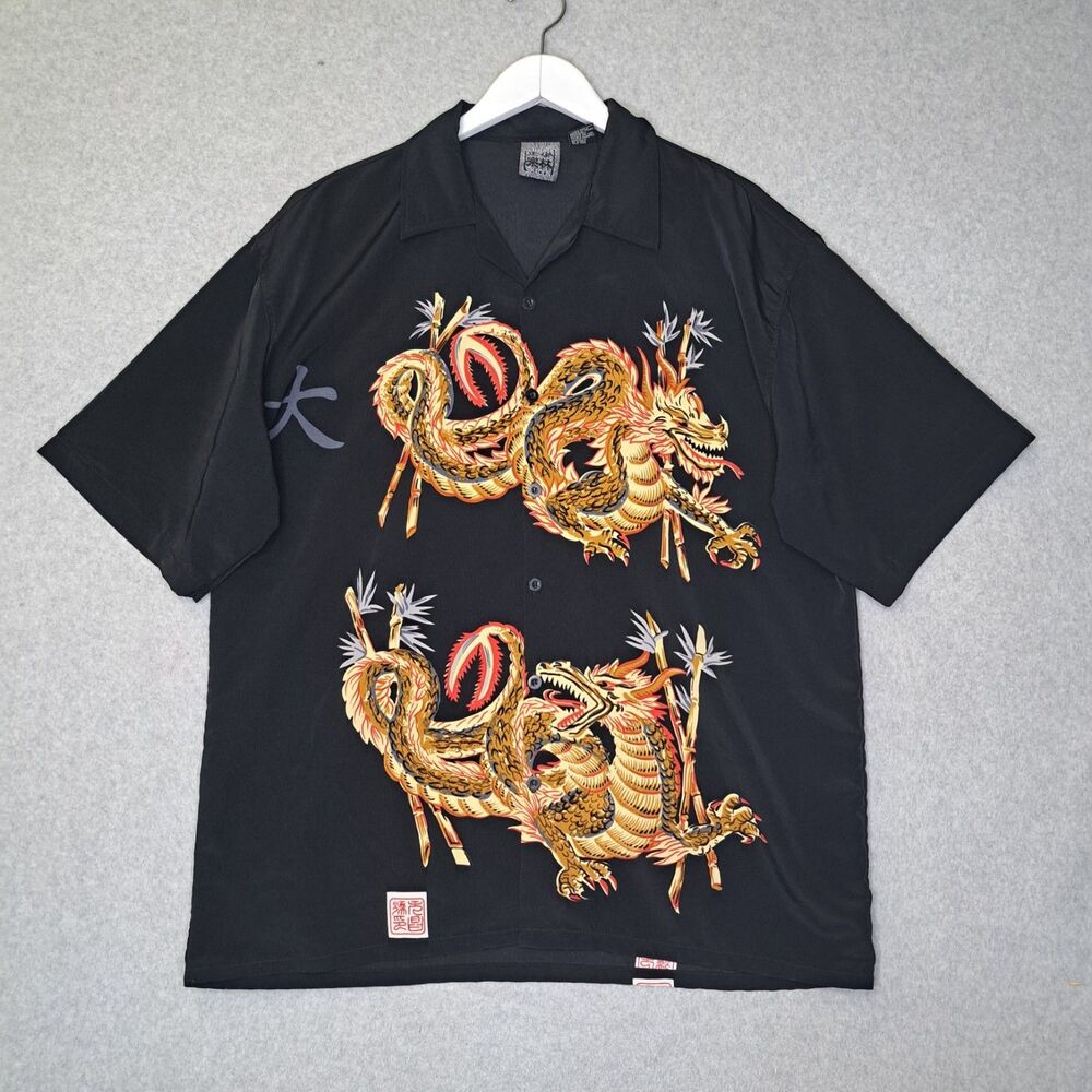 Authentic Shaolin Dragon Shirt Mens Large Black Tribal Y2K Button Up Oversized